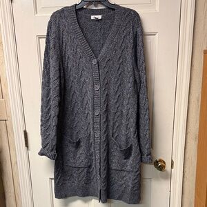 Denim & Co. Cable Knit Button Front Sweater w/ Pockets XL gray long A270337 EUC